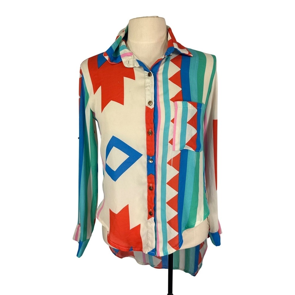 Forever 21 Geometric Stripe High Low Roll Tab Sleeve Blouse Multicolor Small